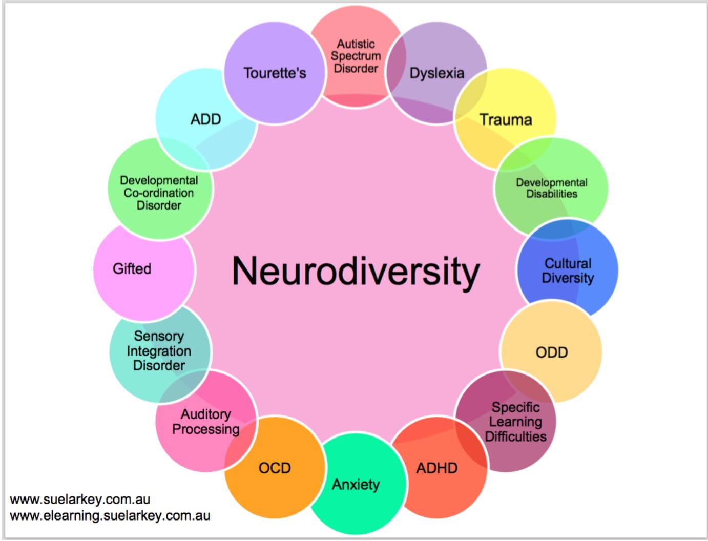 Shows all the diagnosis that can go into being neurodiverse learner. Included